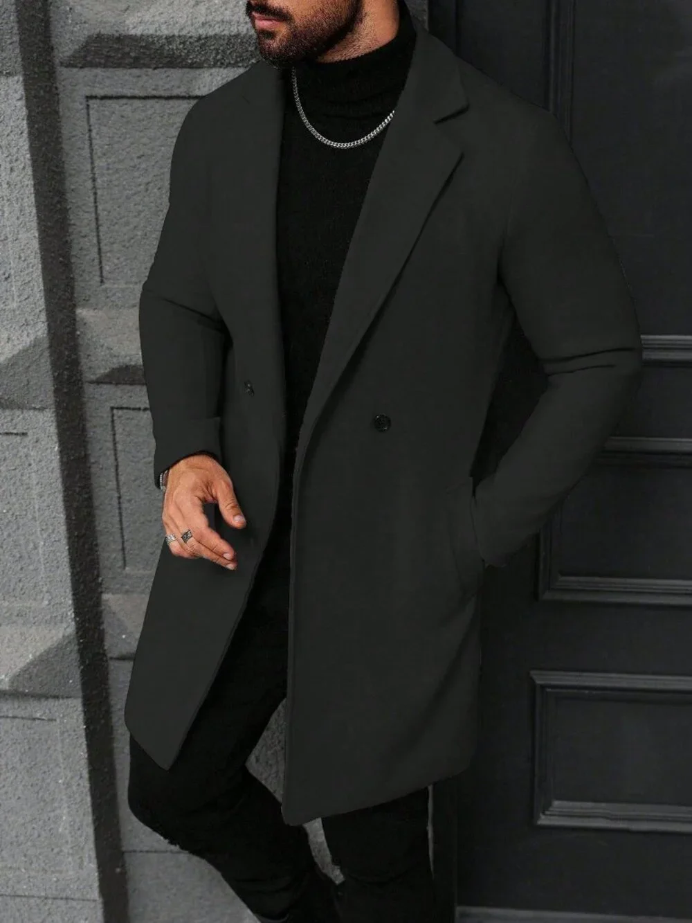 Black Casual Men's Double Breasted Long Sleeve Overcoat
